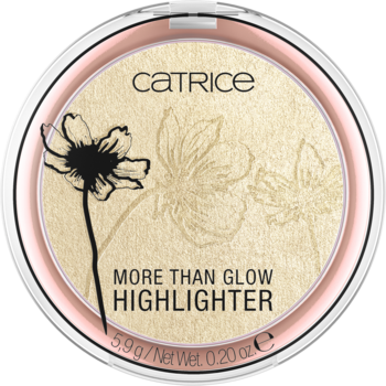 Catrice More Than Glow Highlighter, kremowy kompakt z wytłoczonymi kwiatami i różową obwódką, widok z góry.