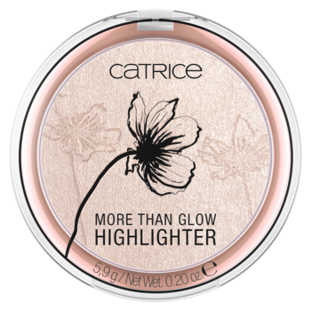 Rozświetlacz CATRICE More Than Glow w okrągłym, różowym opakowaniu z czarnym kwiatowym wzorem, widok z góry.