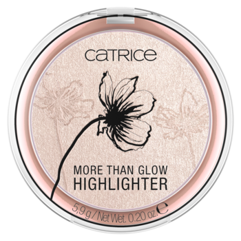 Rozświetlacz CATRICE More Than Glow w okrągłym, różowym opakowaniu z czarnym kwiatowym wzorem, widok z góry.