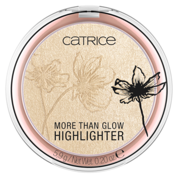 Okrągły rozświetlacz Catrice More Than Glow w różowo-złotej puderniczce, z wytłoczonymi kwiatami i perłowym połyskiem.
