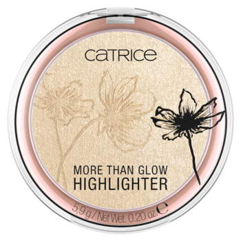 Okrągły rozświetlacz Catrice More Than Glow w różowo-złotej puderniczce, z wytłoczonymi kwiatami i perłowym połyskiem.