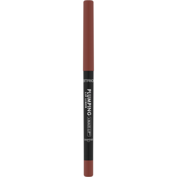 Brązowa konturówka Catrice Plumping Lip Liner, widok z przodu, z temperówką, o satynowo-matowym wykończeniu.