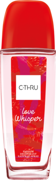 C-THRU Love Whisper dezodorant z atomizerem, czerwona nakrętka, czerwono-różowa etykieta, widok z przodu.