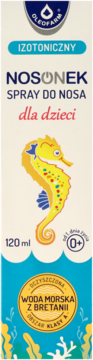 Nosonek izotoniczny spray do nosa dla dzieci, biało-niebieskie opakowanie z seahorse, 120 ml, widok z przodu.