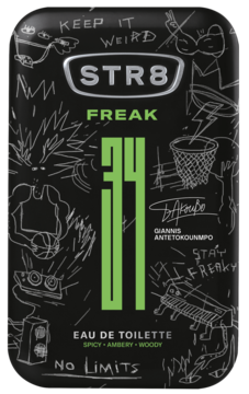 STR8 FREAK Eau de Toilette w czarnej, prostokątnej butelce z zielonym numerem 34 i białymi grafikami, widok z przodu.