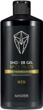 Czarna butelka żelu pod prysznic Masveri Spicy Fruits dla mężczyzn, widok z przodu, intensywny zapach.