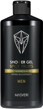 Czarna butelka żelu pod prysznic Masveri Spicy Fruits dla mężczyzn, widok z przodu, intensywny zapach.