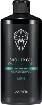 Masveri Sweet Wood shower gel dla mężczyzn, czarna butelka z zielonym napisem, widok z przodu, intensywny zapach, bez wysuszania.