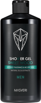 Masveri Sweet Wood shower gel dla mężczyzn, czarna butelka z zielonym napisem, widok z przodu, intensywny zapach, bez wysuszania.