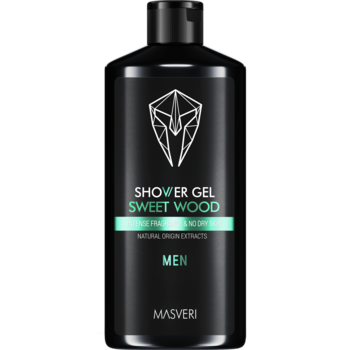 Masveri Sweet Wood żel pod prysznic dla mężczyzn, czarna butelka z zielonym paskiem i logo, widok z przodu.
