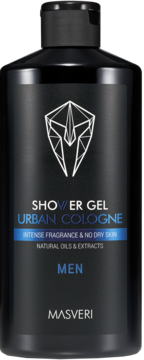 Czarny żel pod prysznic Masveri Urban Cologne, z niebieskim napisem i logo, widok z przodu butelki.
