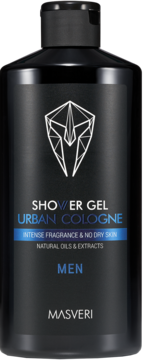 Czarny żel pod prysznic Masveri Urban Cologne, z niebieskim napisem i logo, widok z przodu butelki.