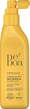 Neboa Strong Scalp Wcierka, żółta butelka z pompką, widok z przodu, napis 99% Natural Vegan.
