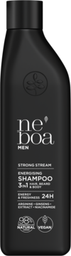 Czarny, matowy szampon Neboa Men Energising 3w1 do włosów, brody i ciała, 98% naturalny, widok z przodu.