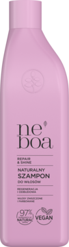 Jasnoróżowa, smukła butelka szamponu Neboa, widok z przodu. Etykieta 'Repair & Shine', 97% naturalnych składników, Vegan.