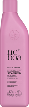 Różowy szampon Neboa Repair & Shine, regenerujący do włosów zniszczonych, 97% naturalny, widok z przodu.