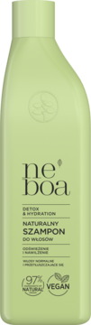 Zielona butelka szamponu Neboa Detox & Hydration do włosów, widok z przodu, opis 97% naturalny i wegański.