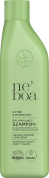 Jasnozielony szampon Neboa, Detox & Hydration, widok z przodu. Widoczne napisy "97% Natural" i "Vegan".
