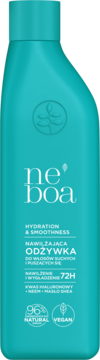 Turkusowa butelka odżywki Neboa Hydration & Smoothness nawilżająco-wygładzającej do włosów suchych, widok z przodu.