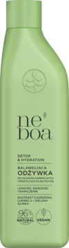 Jasnozielona butelka balansującej odżywki Neboa Detox & Hydration do włosów. Widok z przodu, 96% naturalna, wegańska.