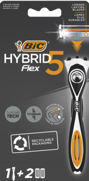 BIC Hybrid 5 Flex maszynka do golenia, 1 rączka i 2 wkłady, czarno-pomarańczowe opakowanie, widok z przodu.