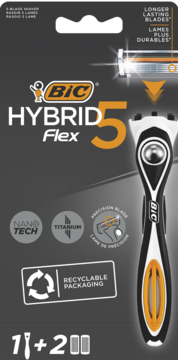 BIC Hybrid 5 Flex maszynka do golenia, 1 rączka i 2 wkłady, czarno-pomarańczowe opakowanie, widok z przodu.