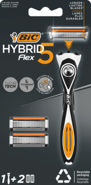 Opakowanie golarki BIC Hybrid 5 Flex: rączka i 2 wkłady z 5 ostrzami Nano Tech Titanium, czarno-pomarańczowe.