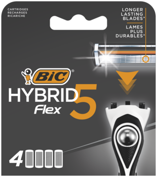 Opakowanie 4 wkładów do maszynki BIC Hybrid 5 Flex z 5 ruchomymi ostrzami i nawilżającym paskiem.
