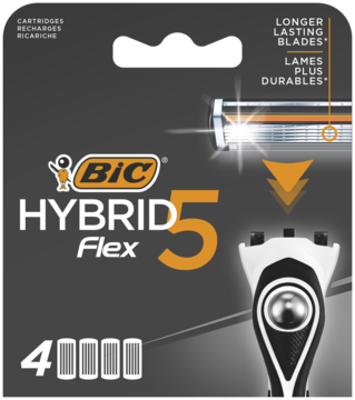 Opakowanie 4 wkładów do maszynki BIC Hybrid 5 Flex z 5 ruchomymi ostrzami i nawilżającym paskiem.