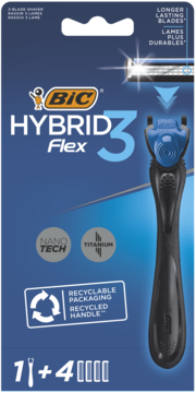 Front opakowania golarki BIC Hybrid Flex 3: czarna rączka, 3 ruchome ostrza tytanowe, 1 maszynka + 4 wkłady.