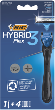 Front opakowania golarki BIC Hybrid Flex 3: czarna rączka, 3 ruchome ostrza tytanowe, 1 maszynka + 4 wkłady.