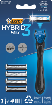 BIC Hybrid 3 Flex maszynka męska: 1 rączka z recyklingu, 4 wkłady, ostrza tytanowe nano-tech.