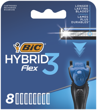Niebieskie opakowanie 8 wkładów do męskiej golarki BIC Hybrid 3 Flex, z widocznymi ostrzami i rączką.