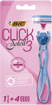 Zestaw do golenia dla kobiet BIC Click 3 Soleil: różowe opakowanie, niebieska maszynka, 1 rączka + 4 wkłady.