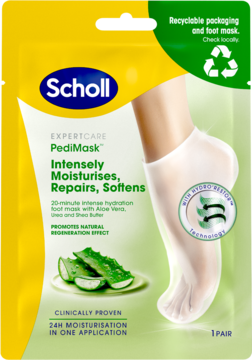 Scholl PediMask nawilżająca maska do stóp z aloesem i masłem shea, widok opakowania żółto-zielonego.