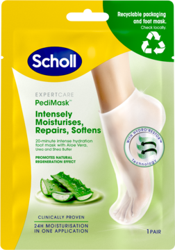 Scholl PediMask nawilżająca maska do stóp z aloesem i masłem shea, widok opakowania żółto-zielonego.