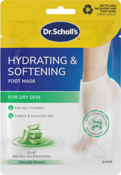 Dr. Scholl's Hydrating & Softening Foot Mask z aloesem i masłem shea, na suche stopy, przód opakowania.