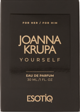 Ciemne, matowe pudełko Joanna Krupa Yourself woda perfumowana unisex, 30 ml, z napisami w kolorze złotym.