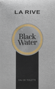 LA RIVE Black Water woda toaletowa męska, srebrny kartonik z czarnym pasem i złotym kołem, widok z przodu.