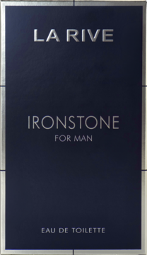 La Rive Ironstone For Man Eau De Toilette, granatowe pudełko ze srebrnymi napisami, widok z przodu.