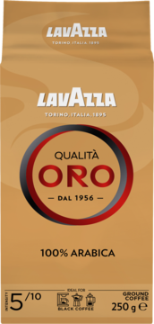 Kawa mielona Lavazza Qualità Oro 100% Arabica w złoto-brązowej torebce, intensywność 5/10, 250g, widok z przodu.