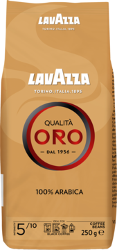 Złota paczka kawy ziarnistej Lavazza Qualità Oro 100% Arabica 250g, intensywność 5/10, widok z przodu.