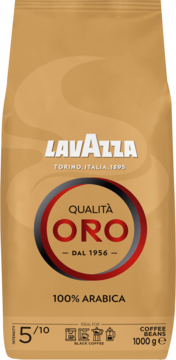 Brązowa paczka kawy Lavazza Qualità Oro, 100% Arabica, 1000g, intensywność 5/10, widok z przodu.