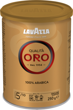 Złota puszka kawy Lavazza Qualità Oro 100% Arabica mielona, 250g, widok frontalny z czerwoną etykietą "ORO".