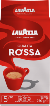 Czerwono-biała Lavazza Qualità Rossa, 250g kawy mielonej do czarnej kawy i latte, widok z przodu.