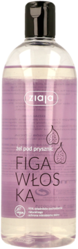 Ziaja żel pod prysznic Figa Włoska w przezroczystej butelce z czarną nakrętką i fioletową etykietą, widok z przodu.