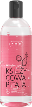Ziaja żel pod prysznic Księżycowa Pitaja, różowo-przezroczysta butelka z grafiką smoczego owocu, widok z przodu.