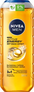NIVEA MEN Active Energy żel pod prysznic 3w1 z kofeiną. Złota butelka 500ml, 0% mikroplastiku, widok z przodu.
