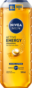 NIVEA MEN Active Energy żel pod prysznic 3w1 z kofeiną, XL 500ml, w złotej butelce z niebieskim logo, z przodu.