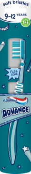 Opakowanie szczoteczki Aquafresh Advance dla 9-12 latków, miękkie włosie, flex zone, turkusowe tło.
